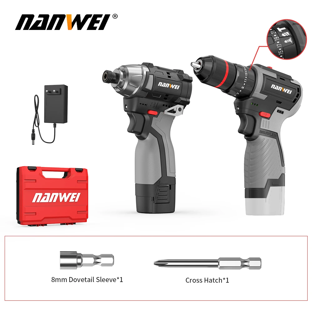 NANWEI hot-selling 2pcs 16.8v power tool combination impact drill and electric screwdriver set