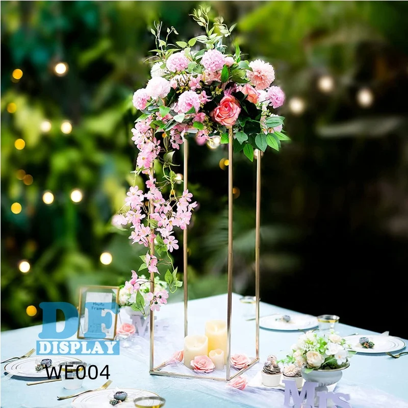 WE004 Wedding Centerpieces Gold Vases set of 2 Pcs Tall Flower Stand Metal Floor Vase Column Geometric Centerpiece Stands