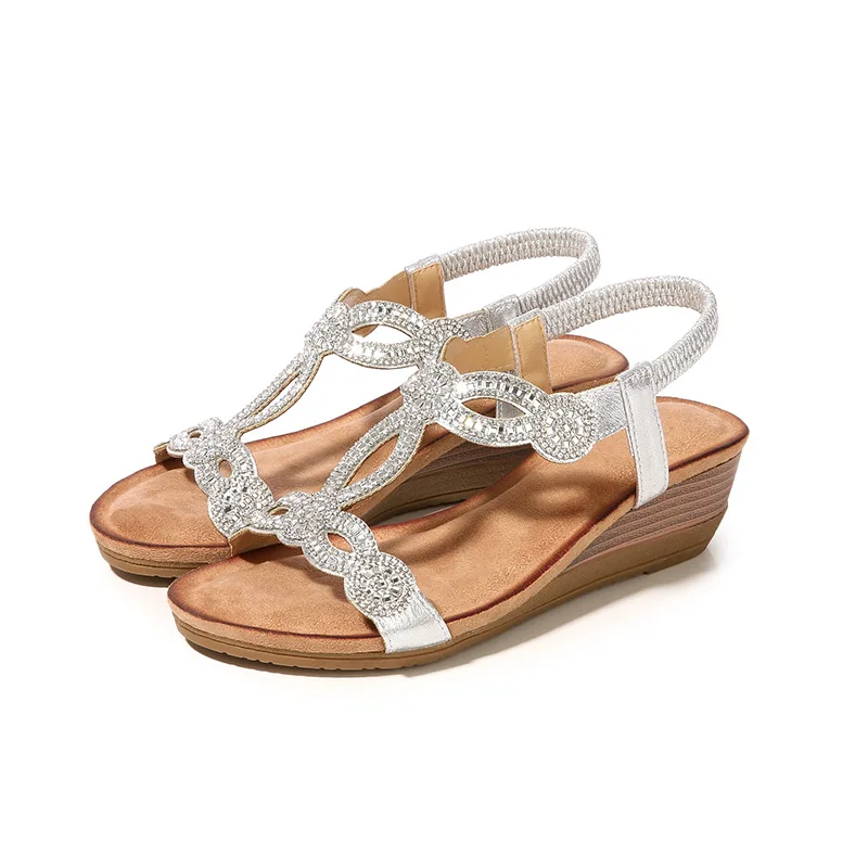 New Style Open Toe Round Bohemian Sandals Casual Rhinestone Hollow Out Ladies Platform Wedge Sandals