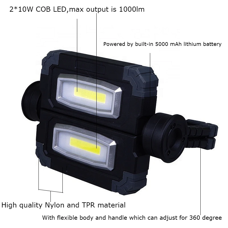 20W LED Work Light USB Rechargeable Folding Portable Waterproof 2 COB  Flood Light for Outdoor Camping Hiking