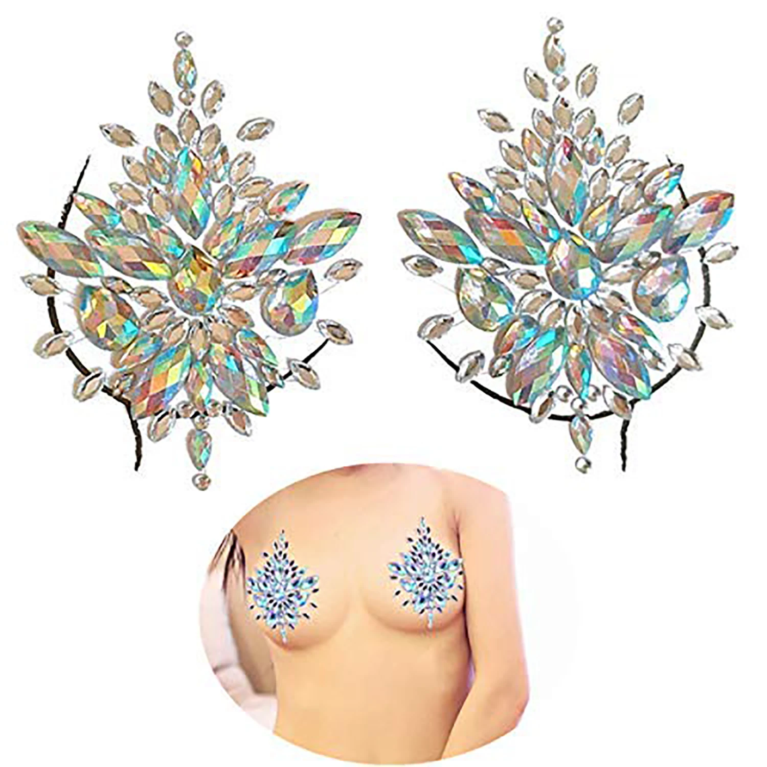 Mermaid Breast Gems Glitter Carnival Rhinestone Face Body Jewelry Stickers Crystal Tattoo Nipples