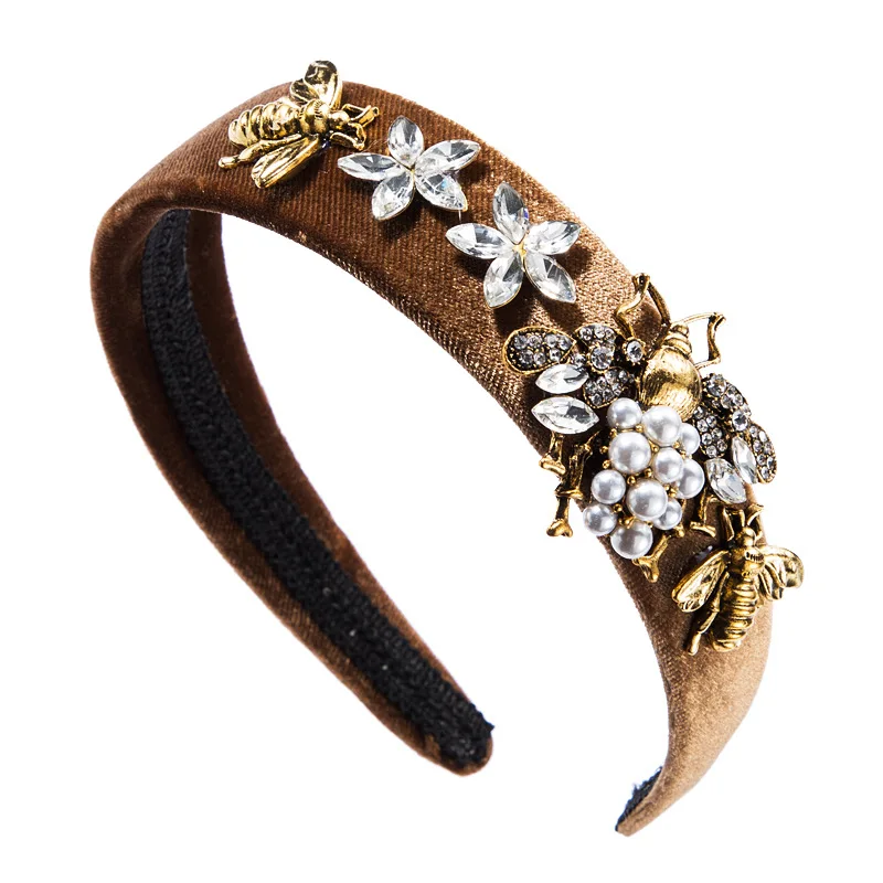 Autumn Winter Retro Palace Baroque Rhinestone Pearl Gold Velvet Women Headband Zircon Alloy Bee Hair Accessories For Girl