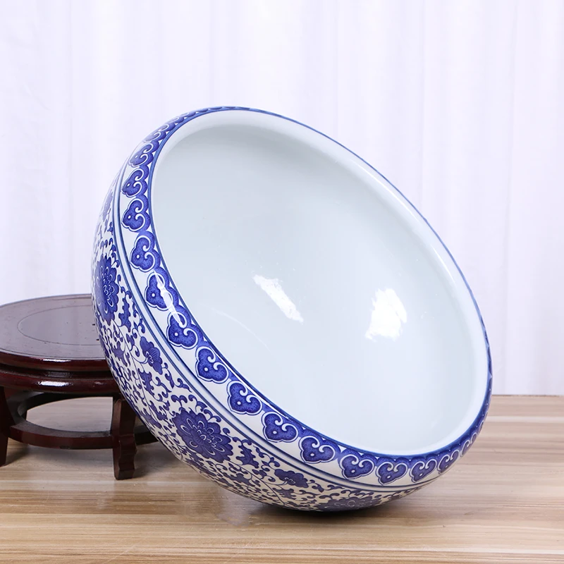 Jingdezhen Porcelain Pot Blue White Ceramic Flowerpot Bowl Living Room Decoration Featuring Lotus Grass Green Pork
