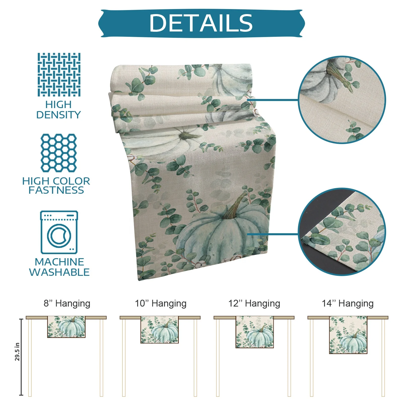 Amazon Supplier Autumn Teal Colored Pumpkins Table Runner Harvest Fall Dining Table Decoration