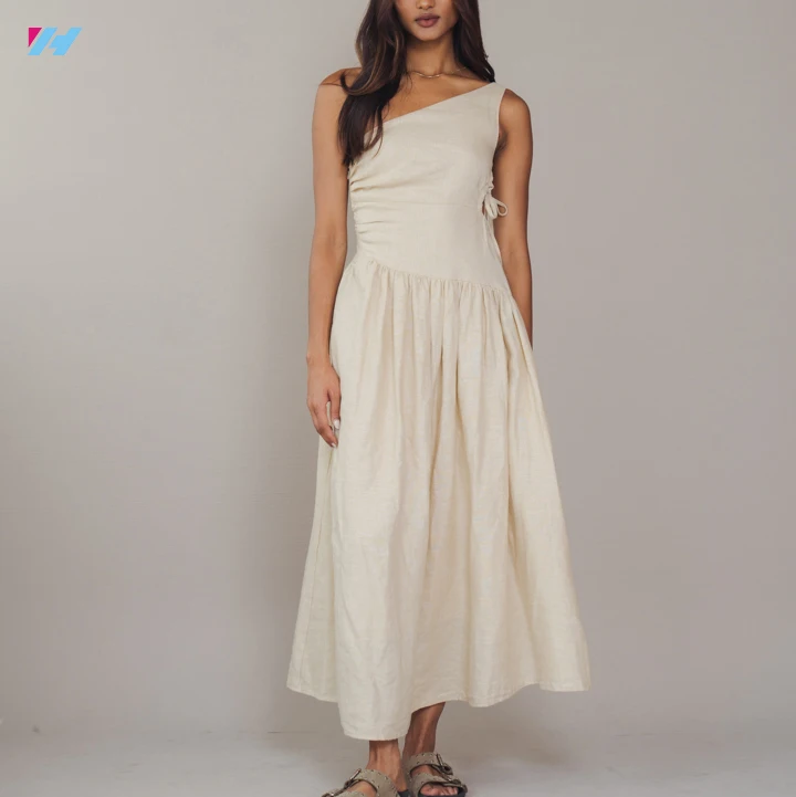 Custom Waist Cut Out One Shoulder A-Line Midi Long Dress For Women