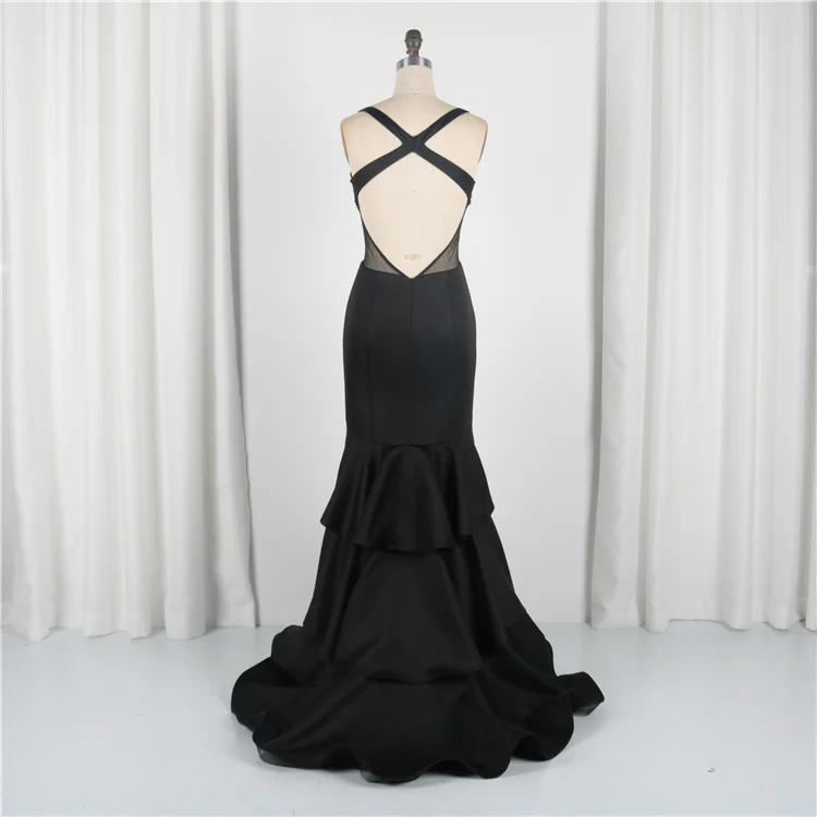 
Real Picture Elegant Deep V Neck Satin Beading Pleated Formal Black Sexy Mermaid Prom Birthday Dresses 