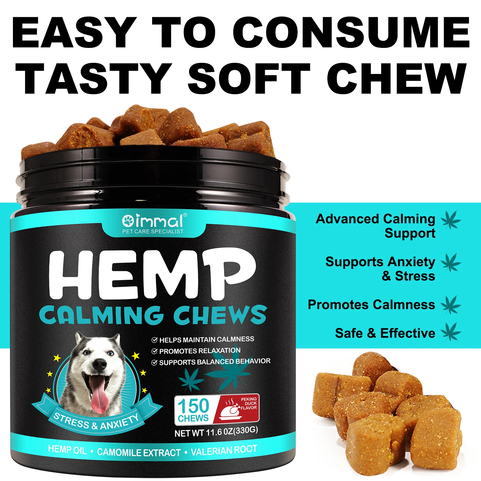 Oimmal 150 Soft Chews Pet Natural Soothing Snacks Treats Dog Supplement Anti Stress Anxiety Relief Hemp Calming Chews For Dogs