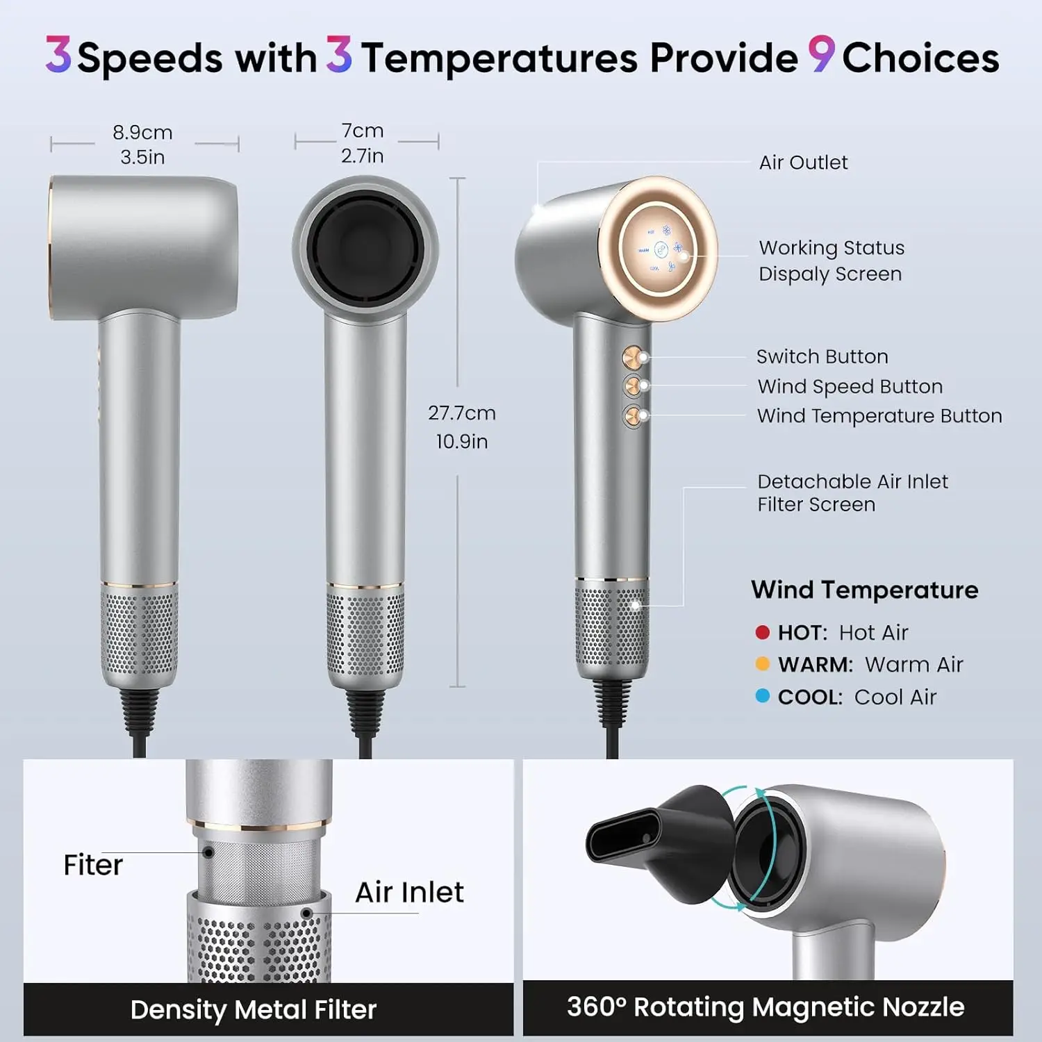 110000RPM Hair Dryer With Magnetic Nozzle Negative Ionic Professional Salon Hair Dryers