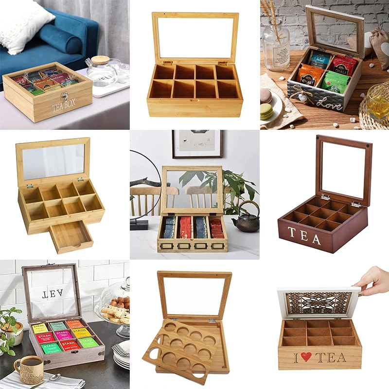 Custom High quality wooden tea storage box multifunctional decorative box 4 6 8 compartments tea bag organizer