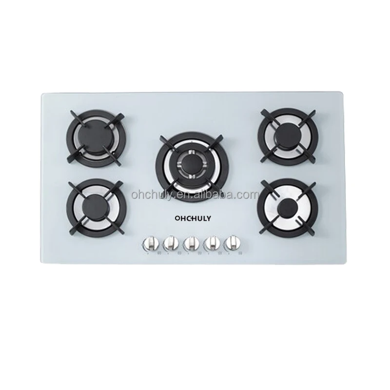 Cast Iron Pan Supports Tempered Glass Easy Cleaning Parts Gas Hob Built In 5 Burner Gas Hob With Safety Devices
