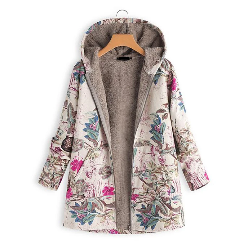 
New Cardigan Coats Women Autumn Jacket Female Windbreaker Leather Jackets 2021 Floral Print Hooded Pockets Vintage parkas 