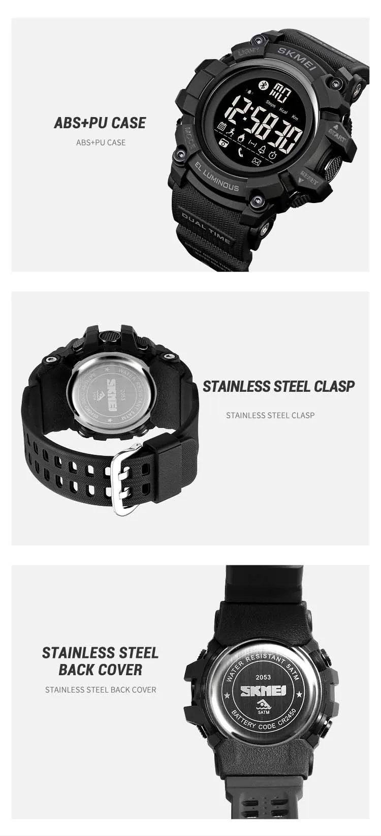SKMEI 2053 fashion super black mens smart watch latest Silicone band bluetooth step counting running sports watch supplier