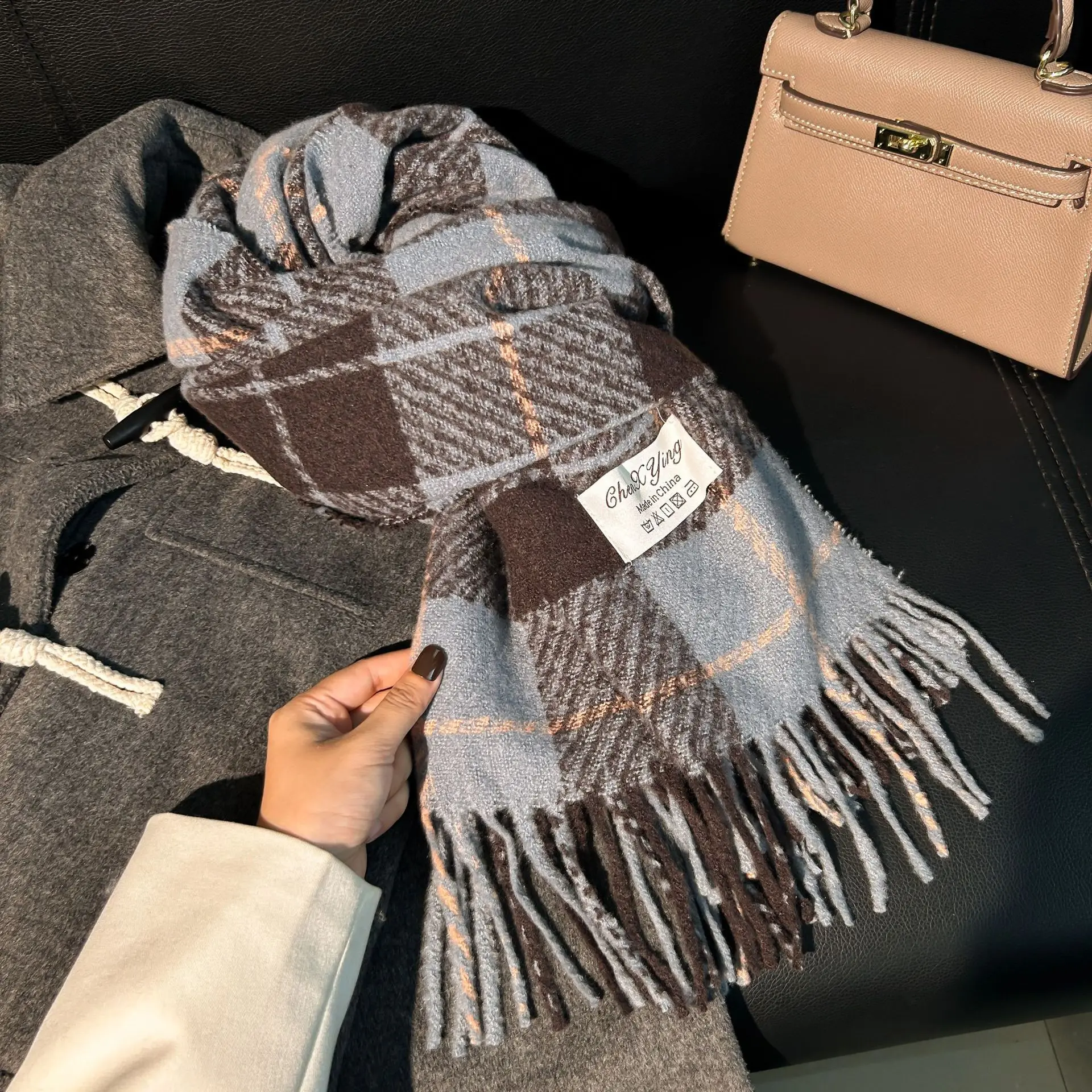 Winter cashmere ethnic scarves shawls checked unisex green red plaid faux fur wool christmas tassels scarf for women stylish