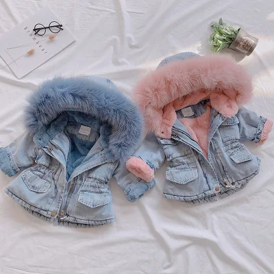 Girls Clothing Baby Coats for Girls Fur Collar Jackets For Winter Autumn Kids Clothes Plus Velvet Thick Denim Children Outerwear