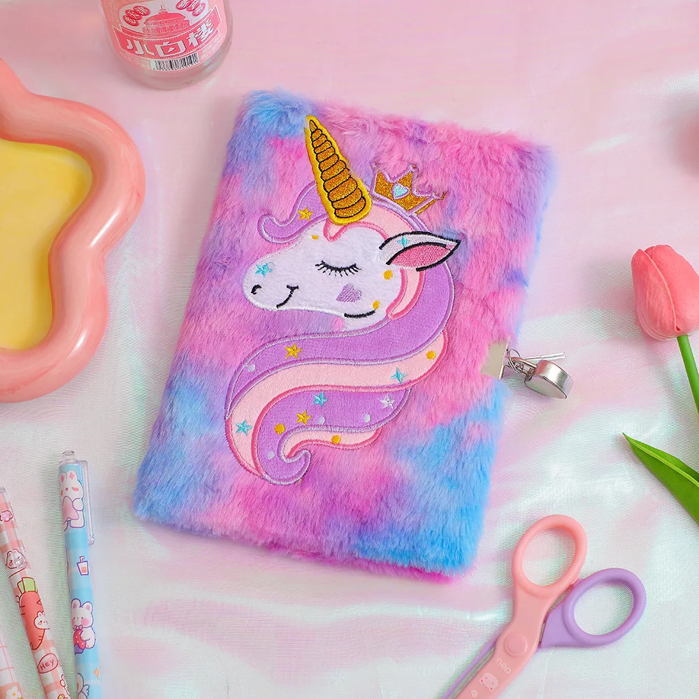 2023 Hot Selling Creative Cute Cartoon Unicorn Notebook Plush Diary With Lock And Key For Girl
