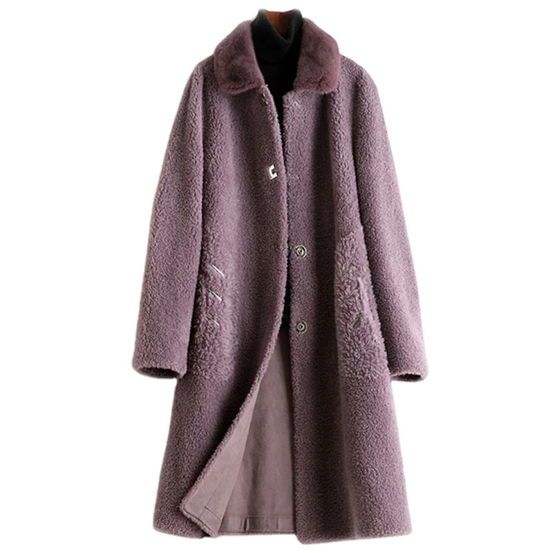 A50017 Pudi women real wool fur coat jacket trench winter warm female sheep shearing over size parka with real mink fur collar