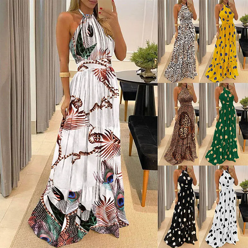 Women Elegant Polka Dot Print Boho Maxi Dresses 2024 Summer Sexy Halter Sleeveless Beach Long Dress Ladies Casual Loose Sundress
