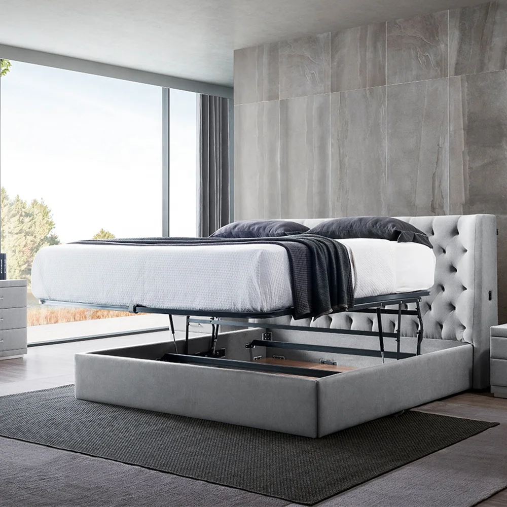 
Online Hot Sell Bed Modern Adjustable Double Bed Bedroom Furniture King Size Grey Bed Frame For Home 