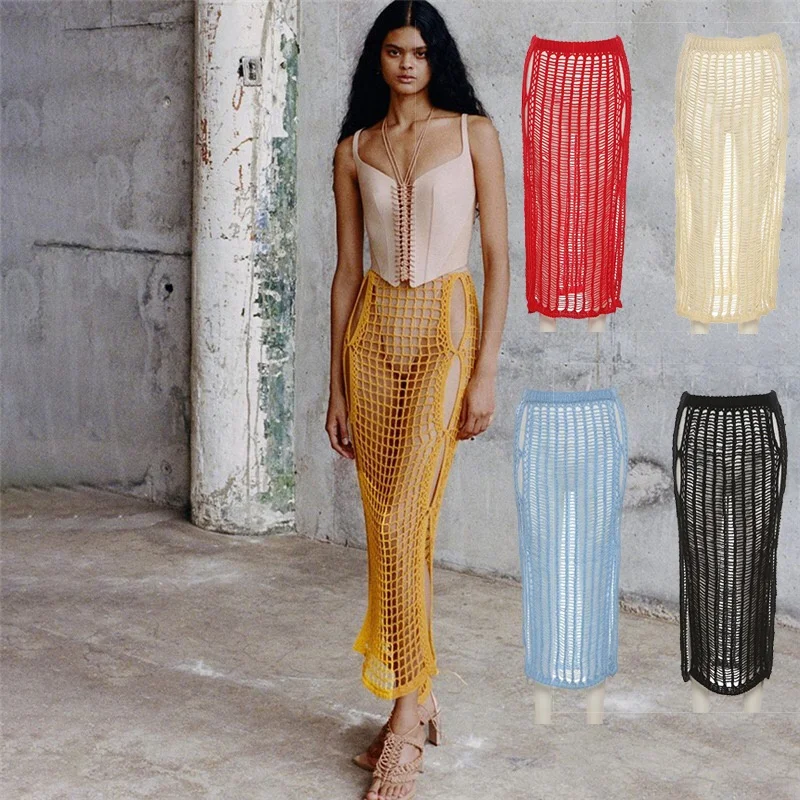 
Kliou Sliod Breathable Hollow Out See Through Mesh Maxi Skirt Dresse long Women Skirts 