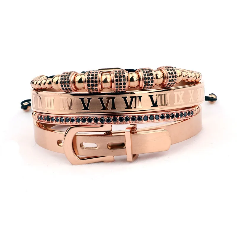 New design luxury CZ crown charm stainless steel belt bangle macrame bracelet set for men women