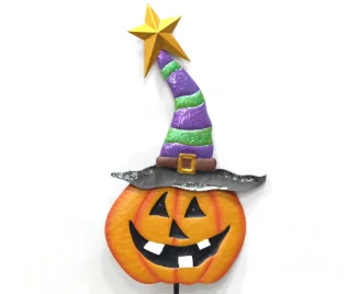 MR Halloween Pumpkin Stakes Metal Jack o Lantern Spooky Faces and Witch Hat with Shimmering Powder Garden Yard Signs