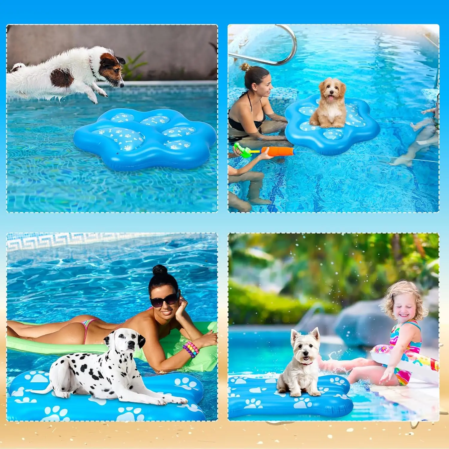 2PCS Inflatable Dog Floating Raft for Summer Pool Durable and Foldable Pet Pool Rafts Ride-on with Footprint and Bone Patterns