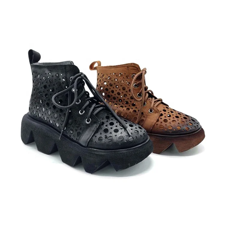 Handmade casual leather retro lace up women shoes 2020 spring and summer new thick bottom slope with ethnic wind hollow sandals
