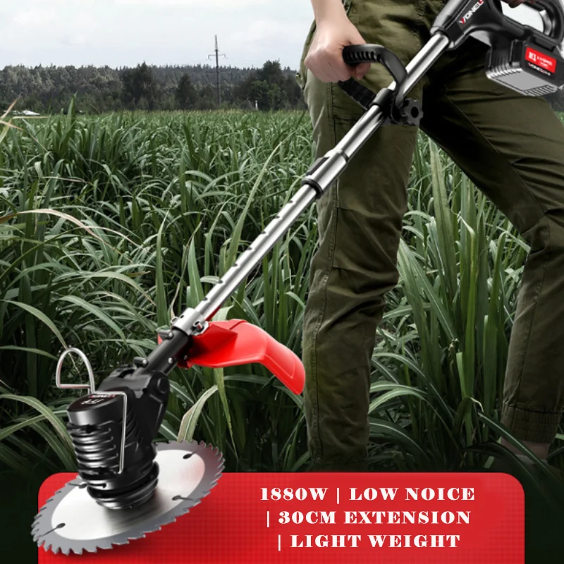 21V 1880W Cordless Handheld Lawn Mower with 90 Degree Rotation Head 30cm Extendable Rod Grass Trimmer For Garden Farm