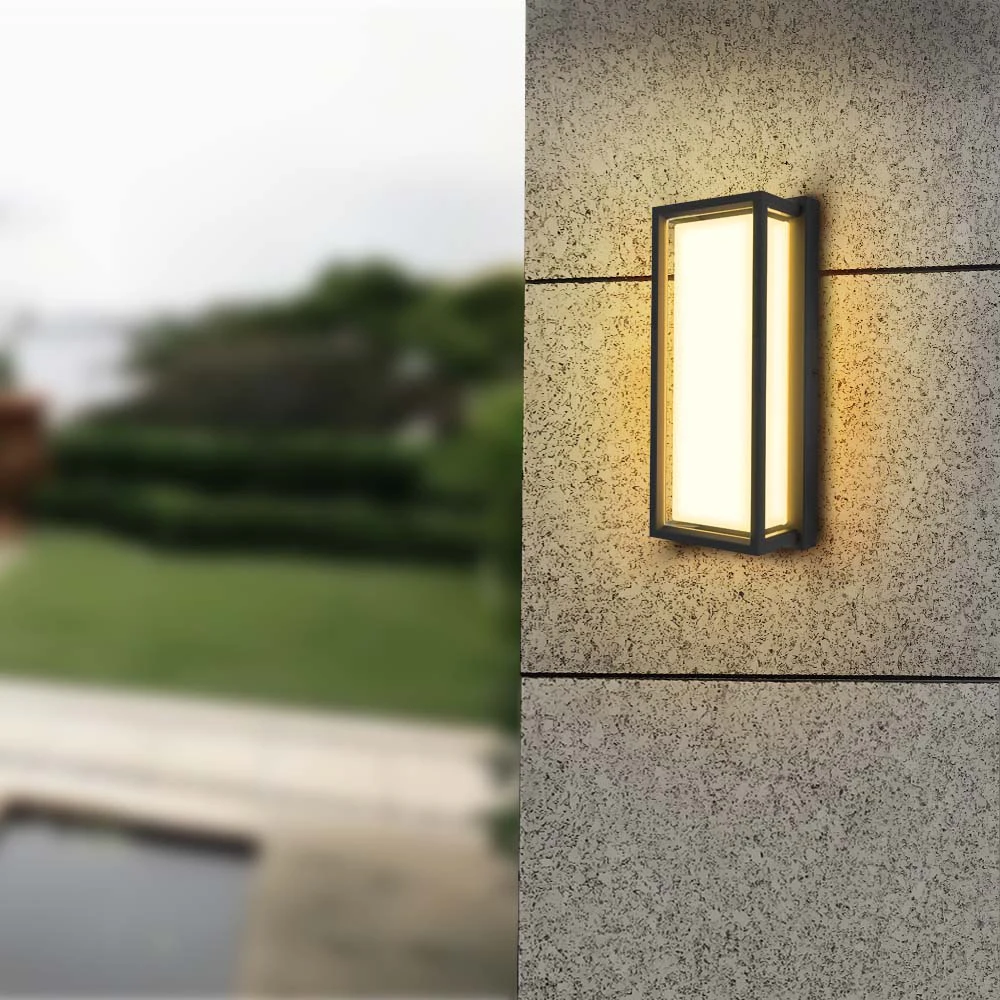 12Inch Lantern Wall Light Modern Outdoor Porch Patio Fixture Exterior LED Rectangle Sconce 5CCT IP65 Anti-UV PC Photocell Sensor