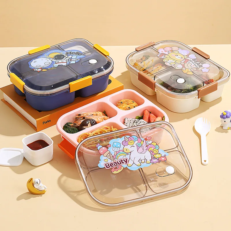 Wholesale Portable Kids Plastic Lunch Box Cute Cartoon 4 Compartment Bento Box With Lid Tableware Microwavable Bento Lunch Box