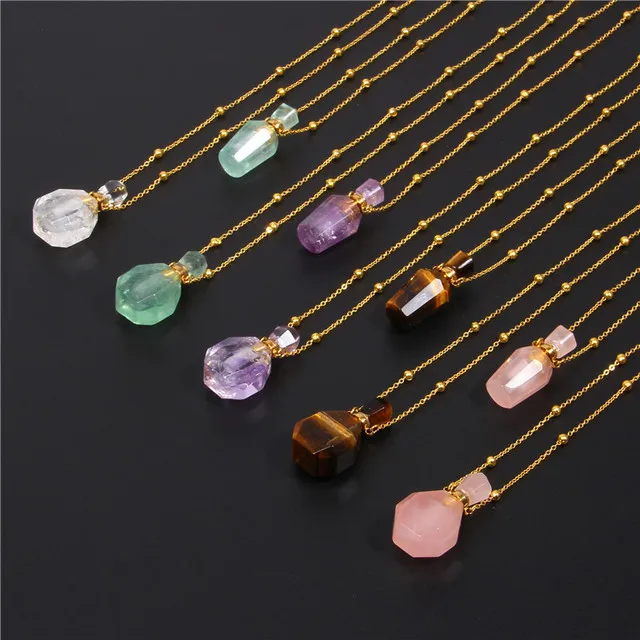 Zooying Colorful Tiger Eye Stone Amethyst Vase with Gold Plated Chain Necklace Crystal Healing