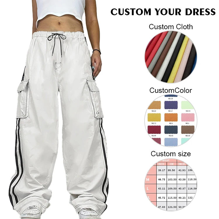 Custom OEM Manufacturer Vintage Pockets High Waist Streetwear baggy Casual ladies Long parachute Cargo Pant for women Trousers