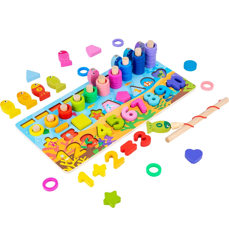 Kids Montessori Math Toys For Toddlers Educational Wooden Puzzle Fishing Toys Count Number Shape Matching Sorter Games Board Toy