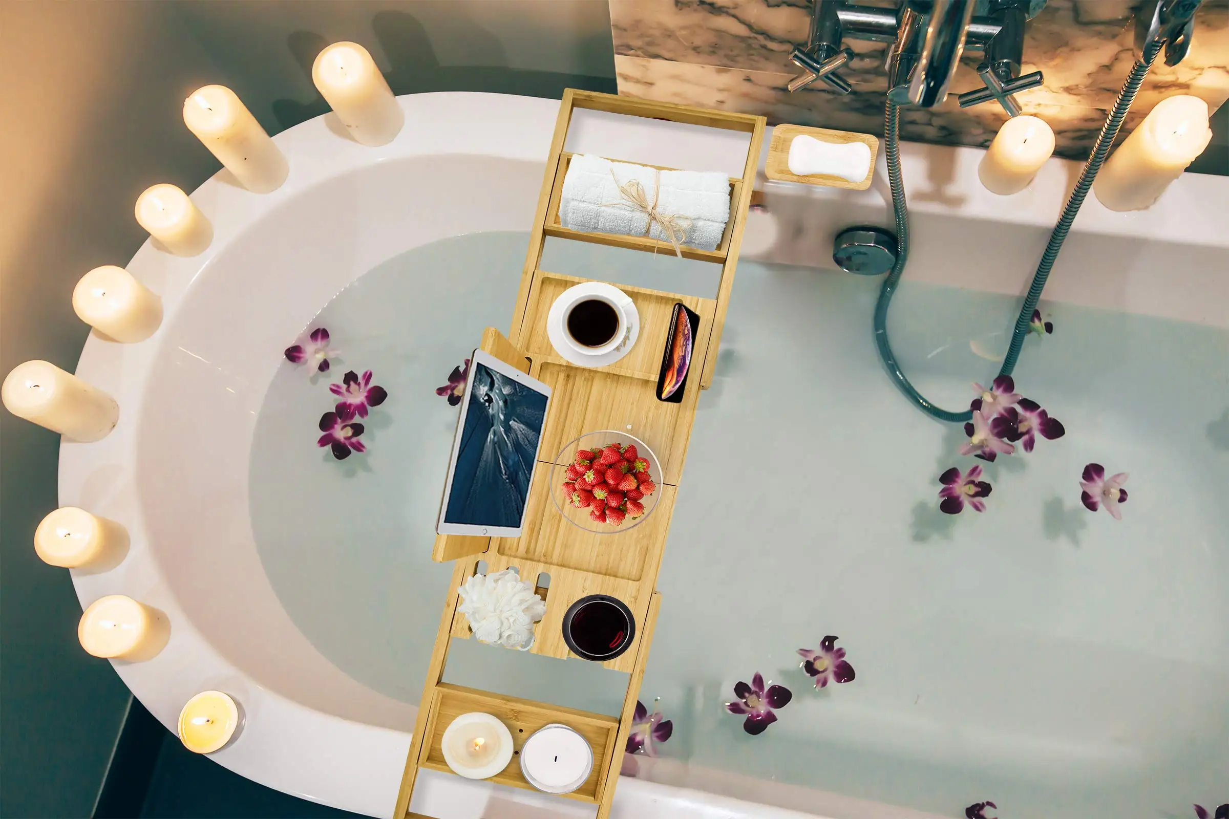 Free Sample Bathtub Caddy Tray Premium Bamboo with Extendable Sides Includes Book and Wine