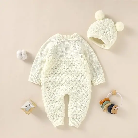 New Born Baby Wholesale Custom Clothes Set 0-3 Months Knitted Sweater Romper with Beanie Hat for kids