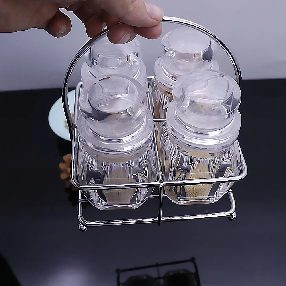 4 Pack Spice Jars Condiment Bottle with Organizer Rack ,Acrylic Countertop Herb and Spice Rack Organizer