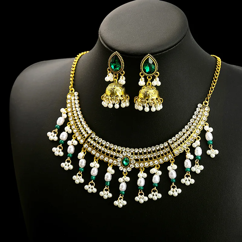 Luxury Gold Color Geometric Necklace Set Women Vintage Choker Crystal Bridal Wedding Necklace Earring Set Fashion Indian Jewelry