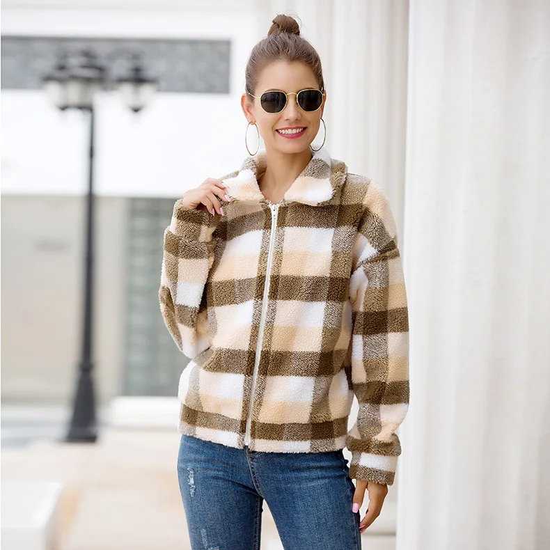 New Arrival Hot Sales Women Outerwear Fur coats Casual short plaid Winter thicken Zipper Coat for women 2021