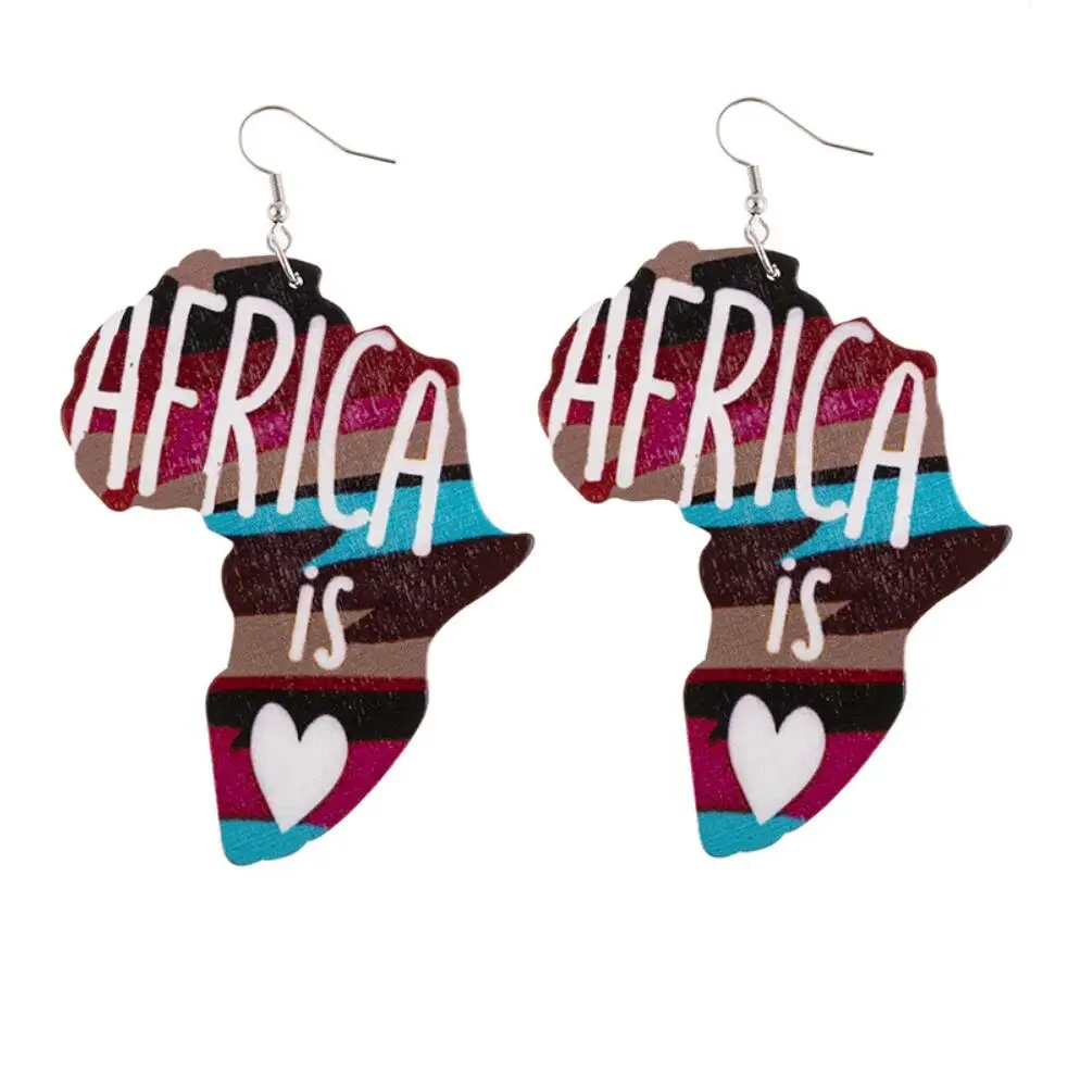 Fashion Statement Exaggerated  Wooden Trendy African Map Hook Earrings Leopard Pattern African Map Wood Earings