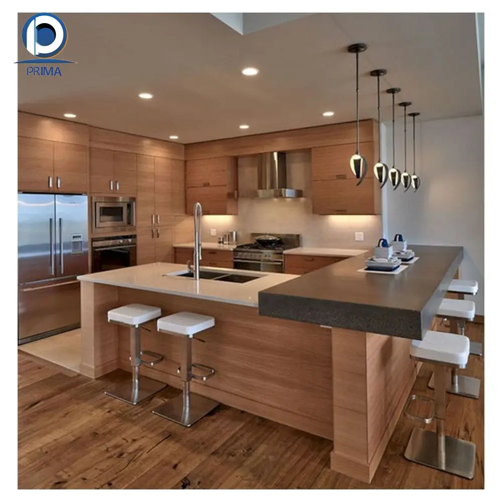 Morden Set Prefab Home Furniture with Solid Wood Teak MDF Cupboard Panel Design Kitchen Cabinets