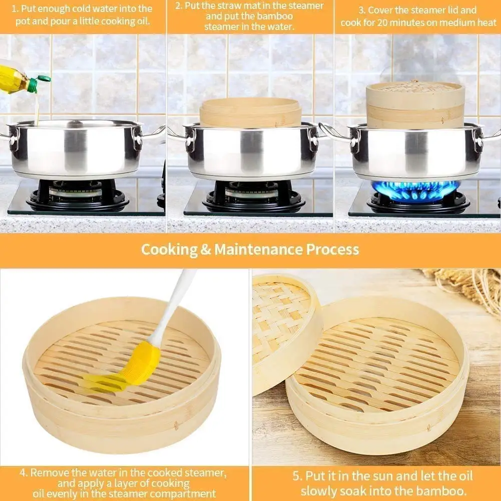 Handmade Basket Bamboo Steamer 10 Inch, 2 Tiers Chinese Food Bamboo Steamers for Cooking,Reusable 2 Gauze Liners and Chopsticks