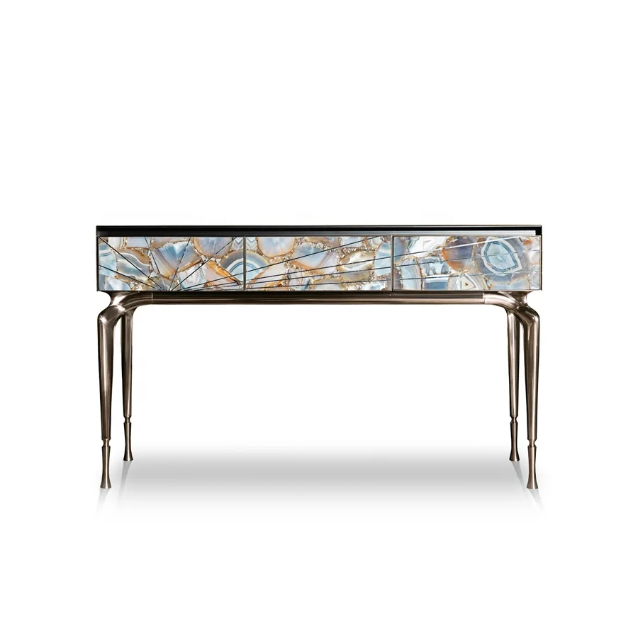 Luxury artistic marble decorated console cabinet with slim high metal legs table