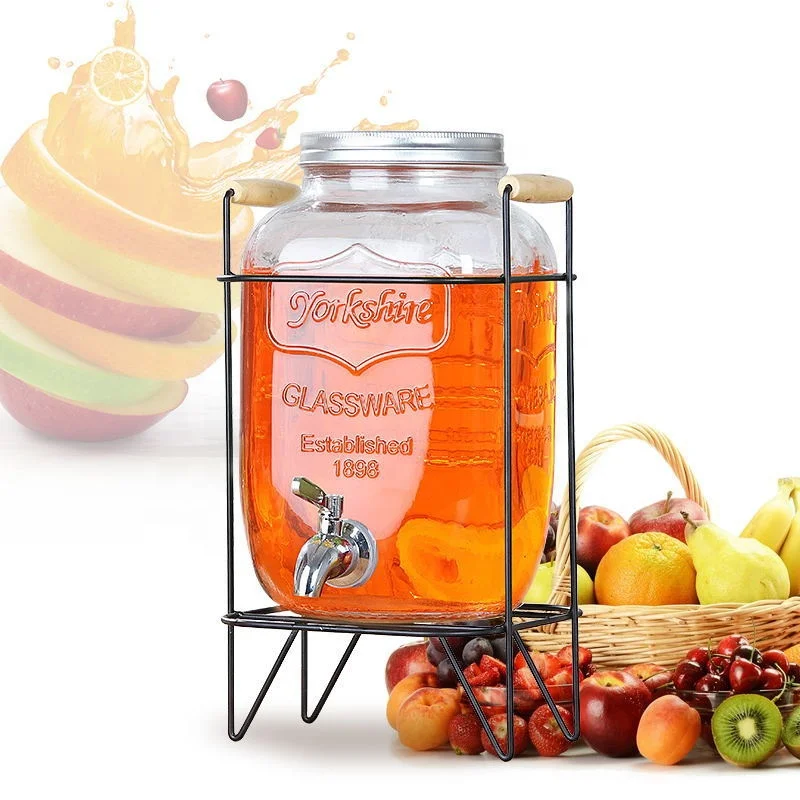 custom logo glass dispenser with metal stand and tap 4L 5L 8L mason jar glass beverage juice dispenser