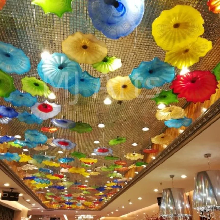 Restaurant hotel ceiling decor Round blue colored glass art pendant ceiling decorative suspension art lamp lighting chandelier