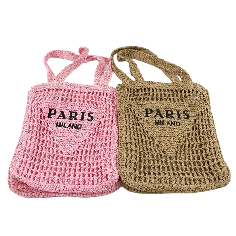 2023 Hot Sale ladies Custom Logo Handmade Luxury Tote Handbag Summer Beach Bag paper Straw crochet bags with embroidery pattern