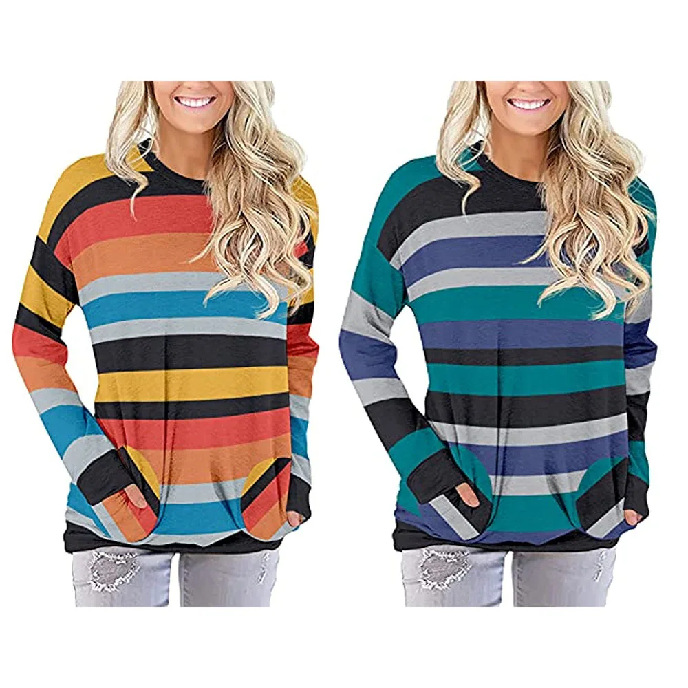 Shinesia женские футболки больших размеров с длинным рукавом, в цветную полоску; 2 боковых кармана свободные легкие модные повседневные футболки на заказ