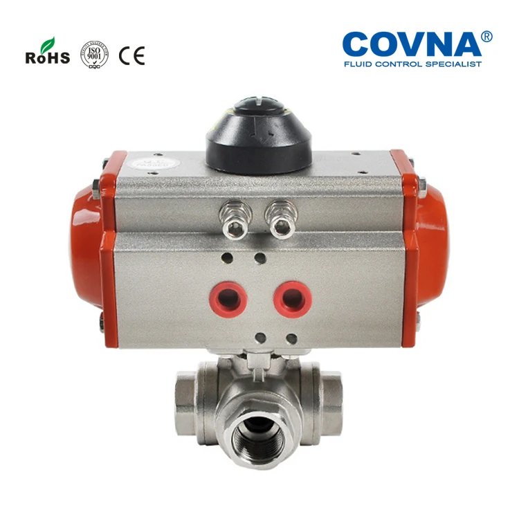 COVNA Actuator Valves Single or Double Acting DN50 Stainless steel Pneumatic Actuated 3 Way Threaded Ball Valve