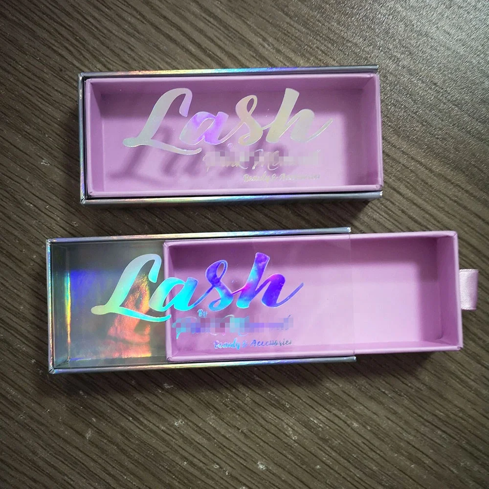 Baby Pink Holographic Paper Eyelash Packaging Personalized False Eye lash Box with clear PVC window
