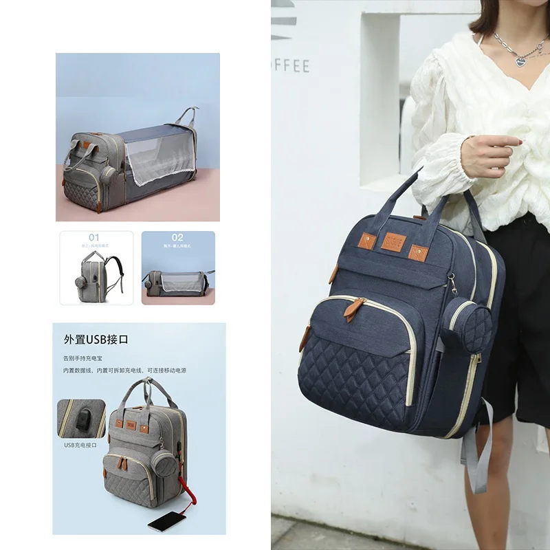 Large Capacity Fashion Polyester Mommy Backpack Travel Baby Diaper Organizer with USB and Waterproof Features for Busy Moms