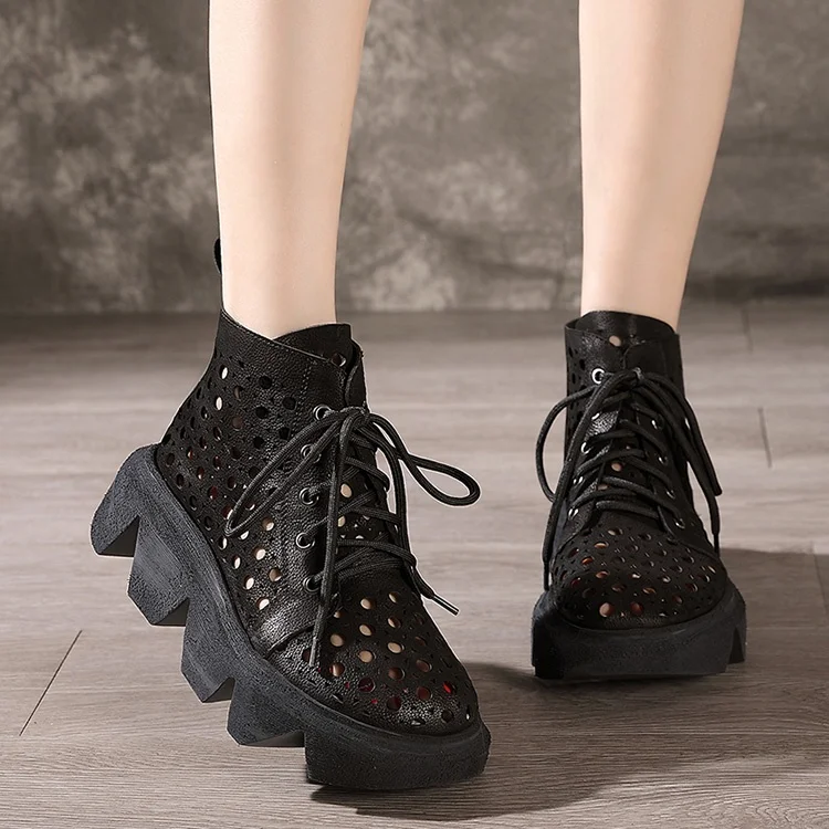 Handmade casual leather retro lace up women shoes 2020 spring and summer new thick bottom slope with ethnic wind hollow sandals